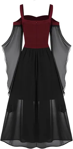 Vista 3 de Sywiyi Disfraz medieval renacentista para mujer, manga larga, hombros descubiertos, steampunk, gótico, victoriano, vestido corsé