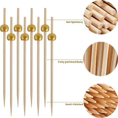 Vista 3 de Palos de cóctel dorados – 200 piezas de pinchos de cóctel de 4.7 pulgadas de largo para aperitivos – Brochetas de bambú para tablas de charcutería