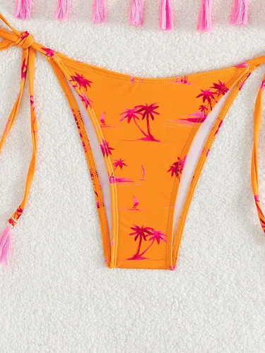 Vista 4 de SHENHE Traje de baño de 2 piezas para mujer, estampado tropical, borla, triángulo, bikini con lazo lateral, tanga