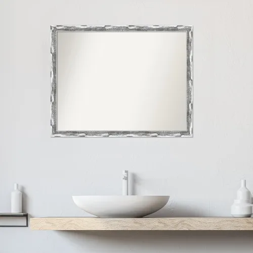 Vista 4 de Amanti Art Silver Bathroom Mirror for Over Sink, 22x28 Custom Made Scratched Wave Chrome Rectangle Vanity Mirror, Medium Traditional Wood Frame