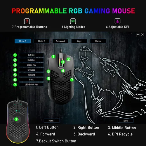 Vista 8 de Teclado mecánico para juegos y mouse ligero de panal con retroiluminación RGB arco iris, 61 teclas, ergonómico, programable, con cable, USB