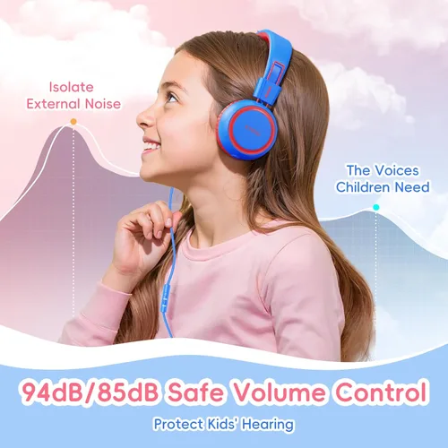 Vista 3 de KVIDIO Auriculares con cable para niños, volumen seguro de 85/94 dB, sobre la oreja con micrófono integrado, aislamiento de ruido, ajustable