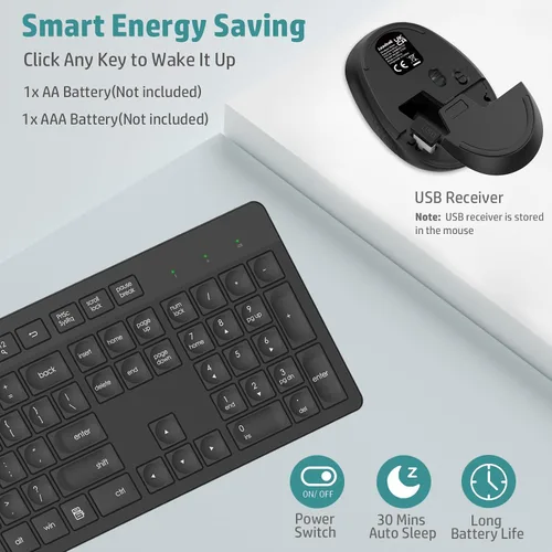 Vista 4 de LeadsaiL Combo de teclado y mouse inalámbricos, teclado ergonómico de tamaño completo para computadora, teclado inalámbrico de 2.4GHz, mouse