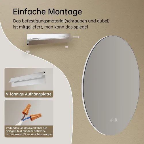 Vista 9 de Bathroom Mirror with Lighting, 50 x 50 cm, Round LED Bathroom Mirror with Anti-Fog, Dimmable, 3 Light Colours, Adjustable, Shatterproof Bathroom