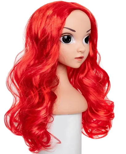 Vista 5 de Funna Peluca de sirena para niñas, disfraz de princesa con horquilla de estrella de mar para Halloween, cosplay, rojo, L