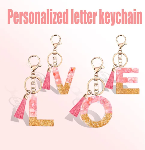 Vista 4 de Suweibuke Lindos llaveros rosados para mujeres y niñas, llaveros de letra inicial con borla, dijes para llaves, bolsos, mochilas