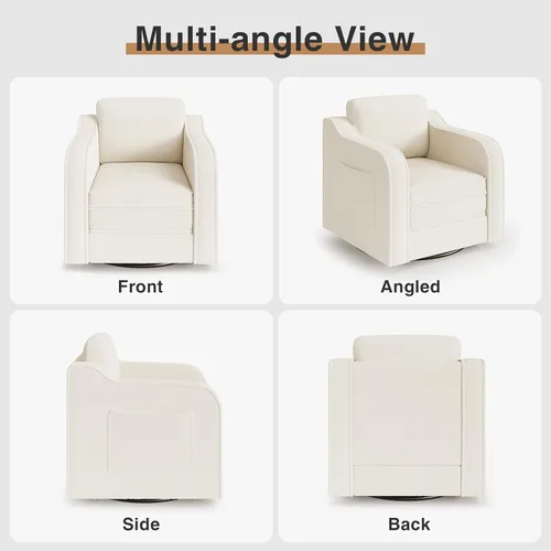 Vista 8 de FiveWillowise Silla giratoria decorativa para sala de estar, sillón tapizado de 30 pulgadas en barril, cómodo sillón moderno individual para Blanco