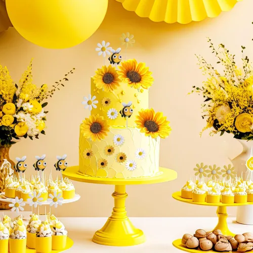 Vista 9 de RAYNAG 44 decoraciones para pasteles de abeja y girasol, juego de adornos de pastel de abeja de girasol para decoraciones de fiesta de cumpleaños