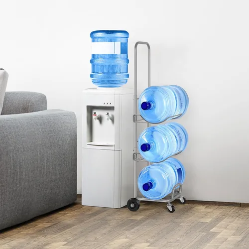 Vista 2 de Soporte para jarra de agua de 5 galones con 4 ruedas, organizador de botellas de agua movible de 3 niveles con ruedas bloqueables, resistente