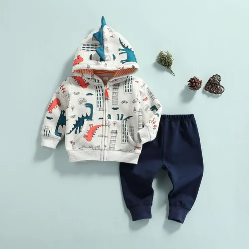 Vista 2 de Conjunto deportivo de dinosaurio de manga larga con capucha y pantalones para bebé recién nacido ropa