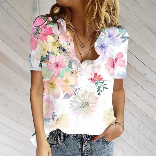 Vista 5 de Blusas de verano para mujer, cuello en V, ajuste holgado, cómodas, de algodón, lino, estampado floral, blusas a la moda 2023