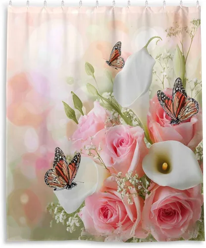 Vista 2 de MNSRUU Fabric Shower Curtain, Flowers and Butterflies Pink Waterproof Polyester Curtains with Hooks for Home Bathroom Decorative