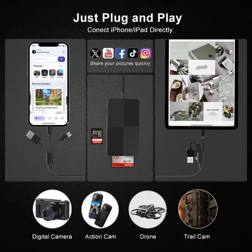 Vista 9 de Lector de tarjetas de memoria 8 en 1 con 3 puertos USB, adaptador Lightning/USB-C/USB-A para iPhone/Android/PC/Mac, compatible con tarjetas