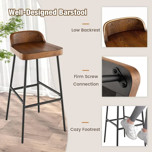 Vista 7 de COSTWAY Juego de 4 taburetes de bar industriales de 29 pulgadas con respaldo bajo y reposapiés, patas de metal, silla de altura de mostrador