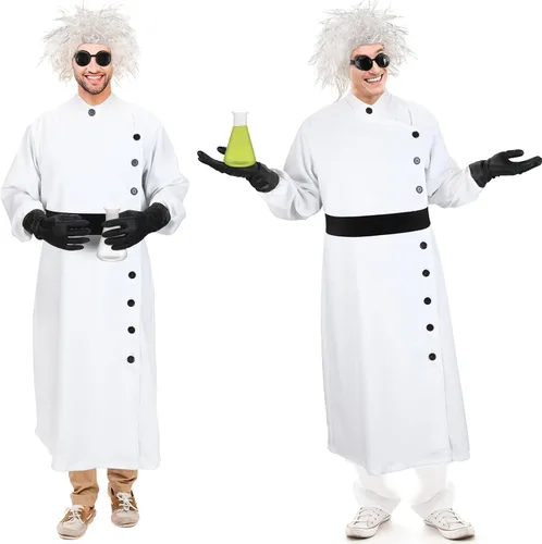 Vista 4 de Jiuguva 9 piezas de disfraz de científico loco de Halloween para hombres adultos, incluyendo abrigo, cinturón, guantes y gafas, peluca, bigote