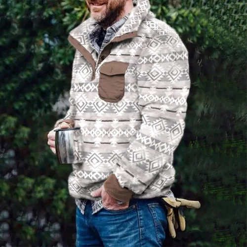 Vista 2 de Sudadera de forro polar mullido para hombre, estampado azteca, con botones, suéter cálido para hombre