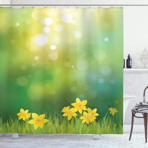 Vista 12 de Ambesonne Decor Collection, juego de cortina con ganchos para regadera Amarillo y marrón