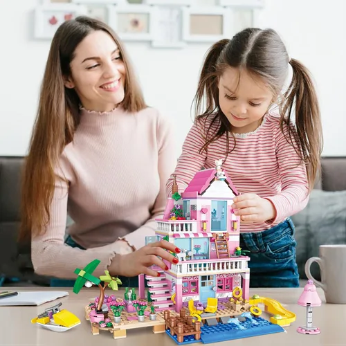 Vista 5 de Pink Girls Seaside Beach Villa Friends - Juego de construcción compatible con Lego Friends, juguete educativo para niños de 8 a 12 años en adelante