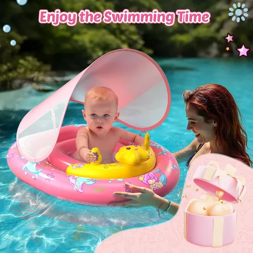 Vista 7 de Flotador de piscina para bebés con toldo UPF50+, flotadores inflables para piscina para niños, flotador de natación infantil con consola