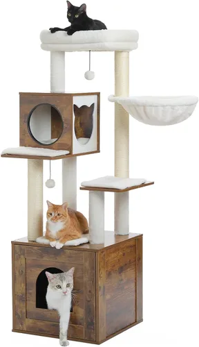 Vista 10 de PETEPELA Árbol para gatos de 56.7 pulgadas con caja de arena, torre grande de madera para gatos de interior con armario de almacenamiento y acogedor