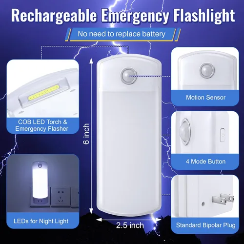 Vista 3 de Paquete de 2 luces LED de fallo de alimentación, 4 en 1 linternas recargables enchufables con detección de movimiento, luces LED de emergencia