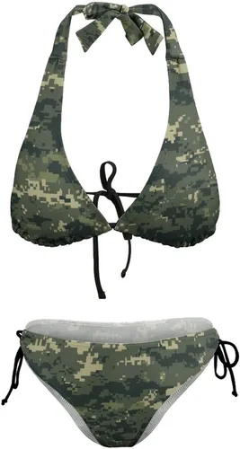 Vista 8 de Traje de baño de dos piezas de camuflaje verde oscuro, traje de baño sexy Halter, conjuntos de bikini de triángulo de cadena