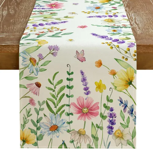 Vista 11 de GEEORY Camino de mesa de primavera de 13 x 72 pulgadas, acuarela floral de flores silvestres con mariposa, decoración de mesa rústica de granja