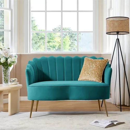 Vista 20 de HULALA HOME Silla decorativa moderna de terciopelo con respaldo en forma de concha, bonito sillón para sala de estar, dormitorio con patas doradas