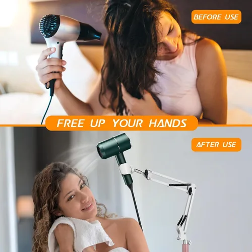 Vista 2 de Soporte para secadora de pelo, altura ajustable de 5.5 ft, soporte para secadora manos libres con base pesada, rotación de 360 grados, funciona