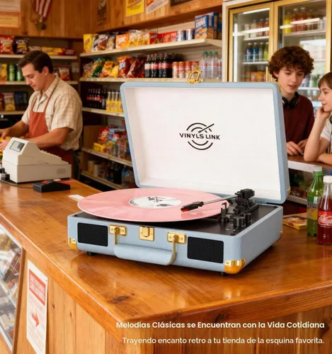 Vista 2 de VINYLSLINK - Tocadiscos de vinilo Bluetooth, tocadiscos portátil de 3 velocidades con control de agudos y graves, altavoces estéreo integrados Azul