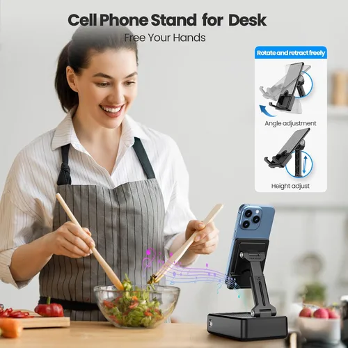 Vista 4 de JTEMAN Soporte para teléfono celular con altavoz Bluetooth y función de carga, soporte ajustable para teléfono con sonido HD, regalos de cumpleaños
