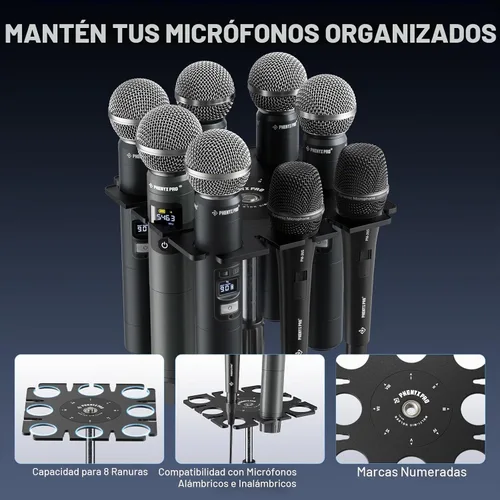 Vista 2 de Phenyx Pro MA-H1 Soporte para Múltiples Micrófonos de 8 Ranuras, Organizador y Exhibidor de Micrófono de Mano Alámbrico e Inalámbrico, Colgador