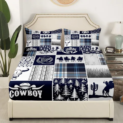 Vista 3 de Western Cowboy - Juego de sábanas para niños, tamaño individual, juego de ropa de cama rústica de herraduras, cactus y herraduras, decoración