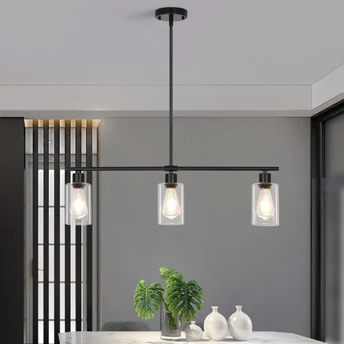 Vista 7 de Iluminación de isla de cocina, 3 luces negras para comedor, lámpara de araña lineal moderna con pantalla de vidrio transparente, 31 pulgadas