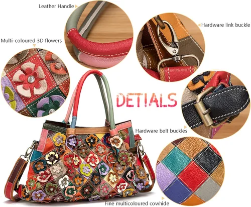 Vista 5 de Bolso Boston multicolor para mujer, de cuero genuino, colorido, grande, bolso de mano