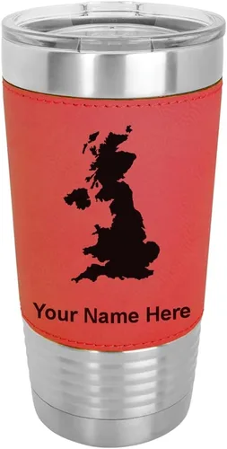 Vista 16 de LaserGram 20oz Vacuum Insulated Tumbler Mug, Country Silhouette United Kingdom, Personalized Engraving Included (Faux Leather, Baseball Style)