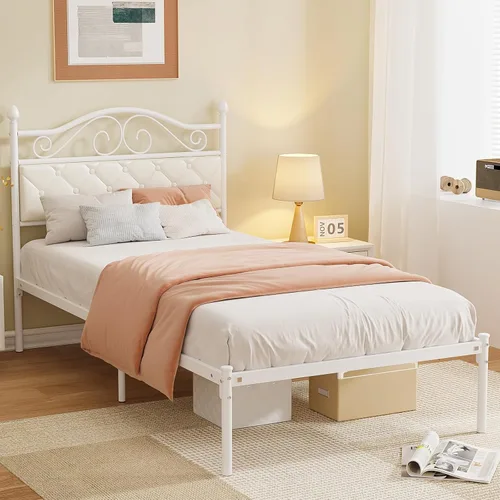 Vista 3 de Elephance Base de cama individual con cabecero tapizado, plataforma de metal con espacio de almacenamiento de 11.2 pulgadas, con botón capitoné,
