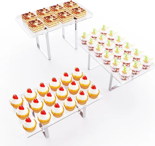 Vista 9 de Bakzon Soporte de 3 piezas para cupcakes, juego de mesa de postres de acrílico transparente con patas de soporte de hierro para cumpleaños