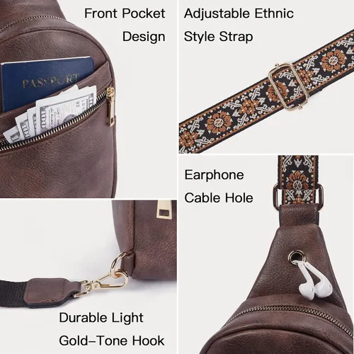 Vista 4 de Telena Bolso bandolera para mujer, cangureras cruzadas para mujer, bolso de pecho de moda con correa ajustable, 1- marrón
