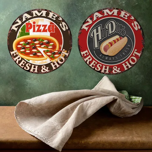 Vista 7 de Any Name's Any Text Pizza Fresh and HOT Custom Chic Sign posavasos Tazas rústicas Shabby estilo vintage, retro, cocina, bar, pub, cafetería