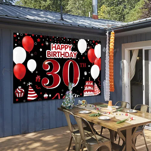 Vista 5 de Cartel de feliz cumpleaños 30 para patio, pancarta de feliz cumpleaños 30 en negro y rojo, decoración para mujeres y hombres, fondo grande de 30
