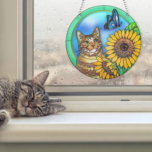 Vista 3 de Colgantes para ventana de vitrales con diseño de gato, girasol de mariposa, hecho a mano, regalo para amantes de los gatos y amantes