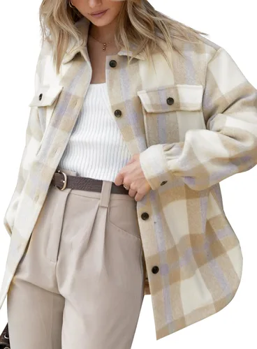 Vista 30 de Beaully Chaqueta-Camisa de Franela a Cuadros para Mujer, Trajes de Otoño 2025, Camisa de Manga Larga con Botones, Chaqueta Abrigo con Bolsillos Negro