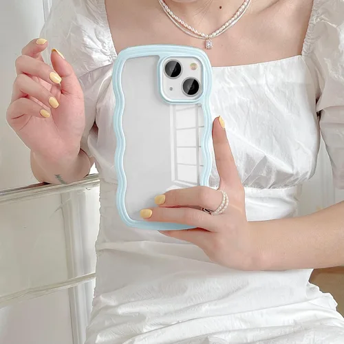 Vista 2 de UEEBAI Funda transparente con marco ondulado para iPhone 14 Plus de 6.7 pulgadas, funda transparente y rizada, bonita funda ondulada para teléfono