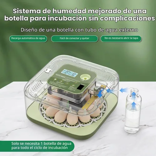 Vista 3 de Incubadora de 12 huevos con pantalla de humedad y vela integrada, girador automático, control de temperatura y humedad, recarga automática de agua