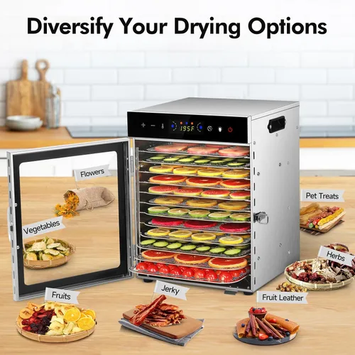 Vista 6 de Máquina deshidratadora de alimentos, 12 bandejas de acero inoxidable, deshidratador de carne de 1000 W para uso doméstico, temporizador de 24 horas