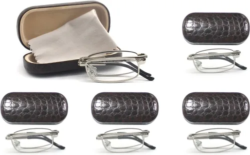 Vista 10 de Gafas de lectura plegables de metal rectangulares compactas con estuche de cuero para hombres y mujeres