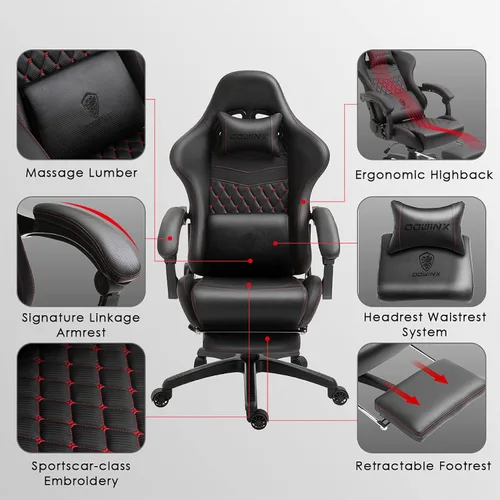 Vista 6 de Dowinx Silla de juegos grande y alta, silla de juego ergonómica para adultos con reposapiés y soporte lumbar de masaje, respaldo alto, silla de Negro