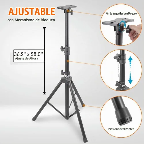 Vista 2 de Pyle Conjunto de 2 soportes universales para altavoces - Juego de trípode ajustable y duradero con pin de seguridad de bloqueo, altura telescópica