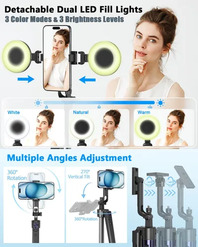 Vista 5 de Kit de vlogging para iPhone/Android, trípode de seguimiento facial automático de 63" para iPhone con luz, micrófonos inalámbricos, control remoto